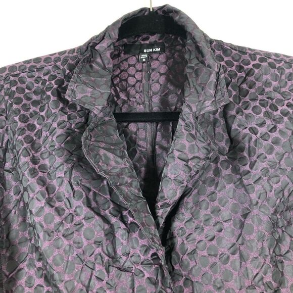 Sun Kim Boyfriend Jacket Crinkle Blazer Black Purple Lagenlook Chore Coat Small - Picture 2 of 8